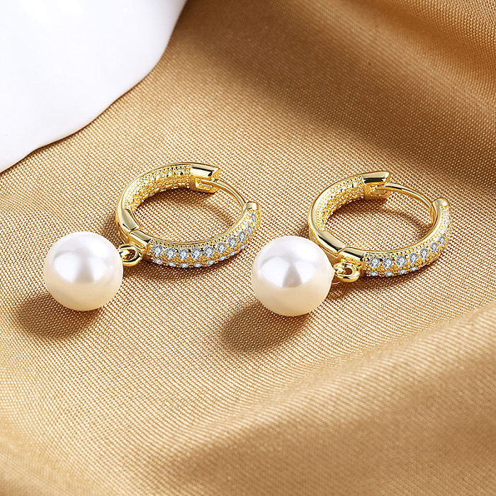 1 Pair Retro Geometric Copper Inlay Artificial Pearls Zircon Drop Earrings