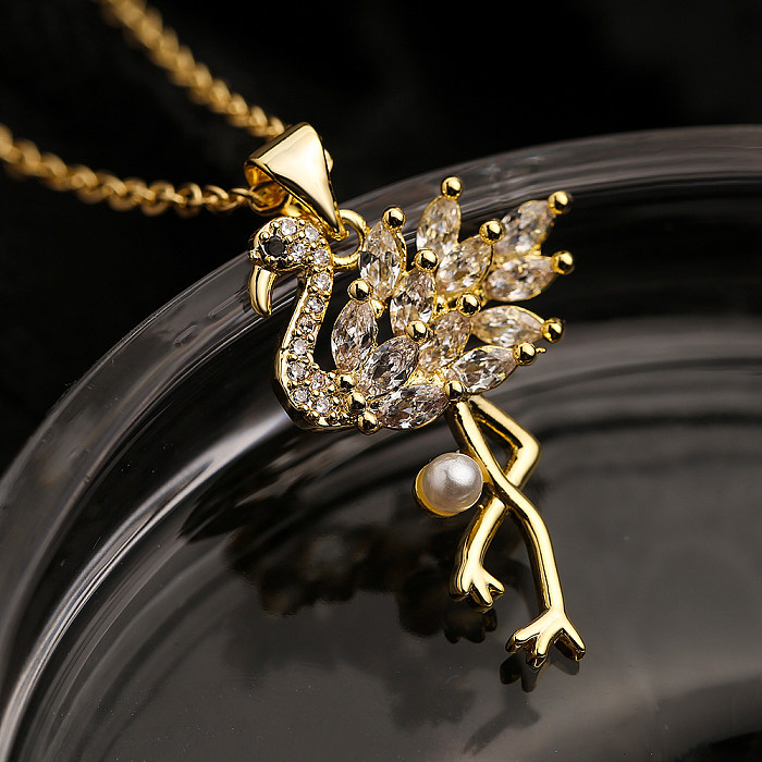 Colar com pingente de zircão pérola banhado a ouro 18K estilo simples Flamingo Bird cobre a granel