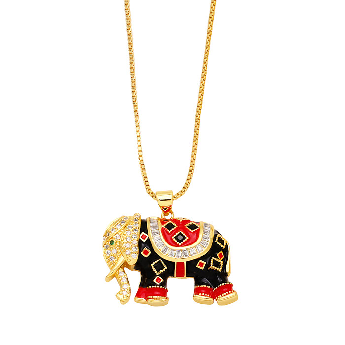 Retro Elephant Copper Enamel Gold Plated Zircon Pendant Necklace 1 Piece