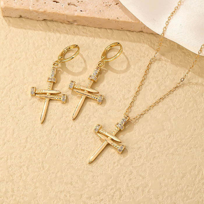 Lässige Rock-Kreuz-Kupferbeschichtung, Inlay, Zirkon, vergoldete Ohrringe, Halskette