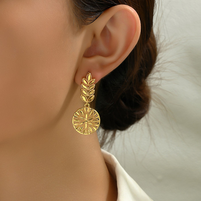 1 Pair Retro Vacation Solid Color Leaf Round Plating Copper 18K Gold Plated Drop Earrings