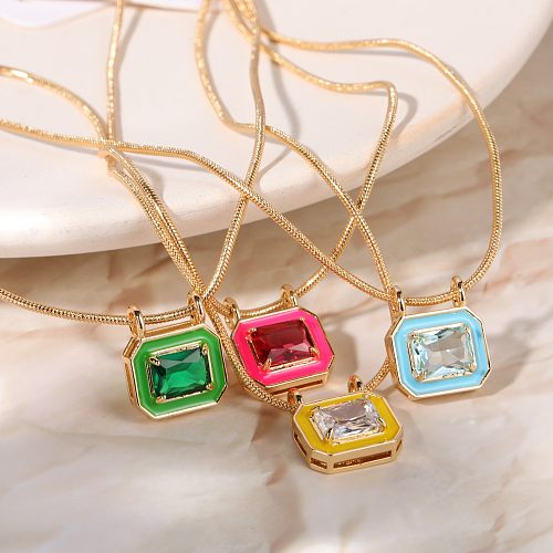 Casual Simple Style Commute Rectangle Copper Enamel Plating Zircon 18K Gold Plated Pendant Necklace