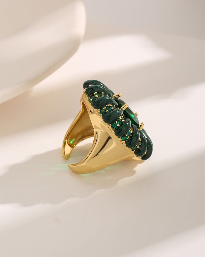 Exagerado luxuoso estilo francês oval chapeamento de cobre incrustado zircão anéis abertos banhados a ouro 18K