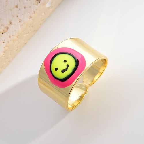 Niedliche offene Ringe im Vintage-Stil mit rundem Smiley-Gesicht, Kupfer-Emaille-Beschichtung, vergoldet