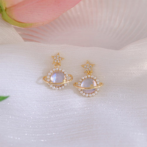 1 Pair Elegant Planet Plating Inlay Copper Pearl Zircon 14K Gold Plated Drop Earrings