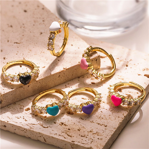 IG estilo casual formato de coração cobre esmalte incrustado zircão anéis abertos banhados a ouro 18K