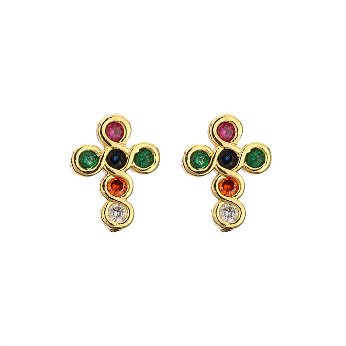 1 Pair Fashion Cross Heart Shape Lizard Copper Plating Inlay Pearl Zircon Ear Studs
