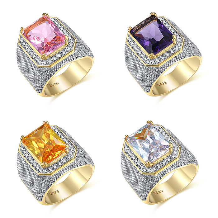 Retro Exaggerated Square Brass Inlay Artificial Gemstones Wide Band Rings