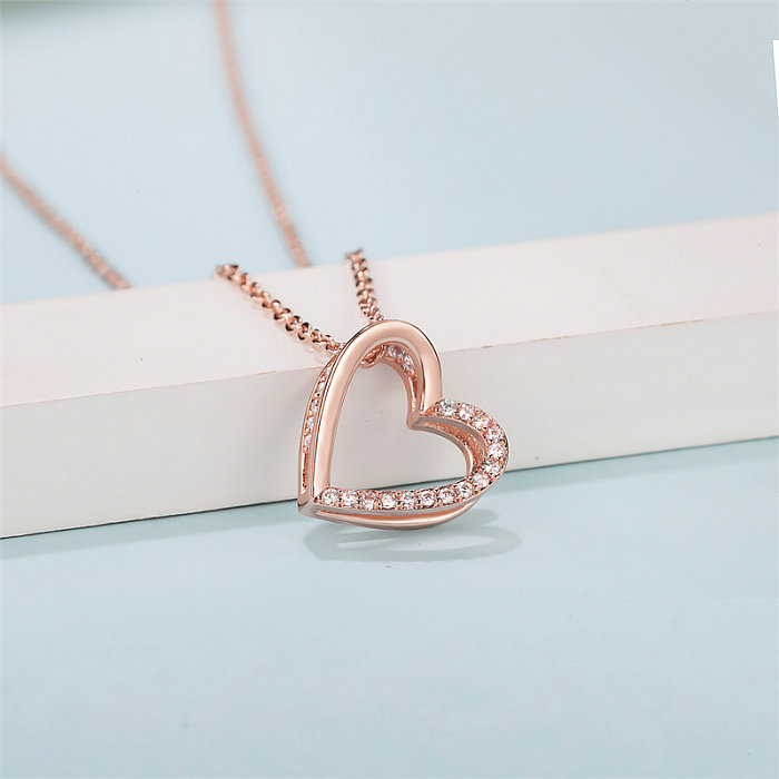 Casual Simple Style Classic Style Heart Shape Copper Rose Gold Plated Zircon Pendant Necklace In Bulk