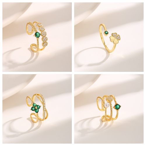 Vintage Style Luxurious Four Leaf Clover Flower Copper Plating Inlay Zircon 18K Gold Plated Rings