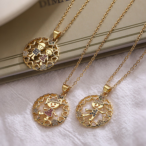 Casual Simple Style Human Heart Shape Copper Plating Hollow Out Inlay Zircon 18K Gold Plated Pendant Necklace