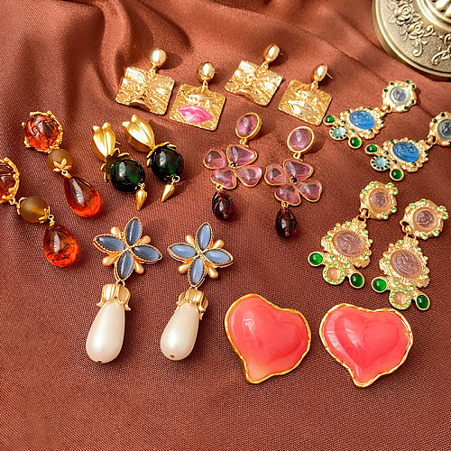 Boucles d'oreilles rétro en forme de cœur carré, 1 paire, incrustation de fleurs, perles artificielles en cuivre et résine
