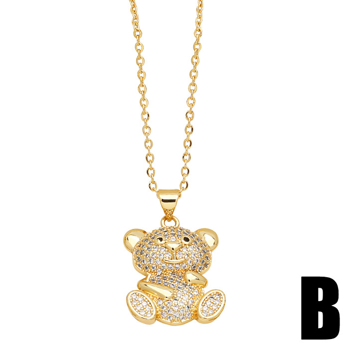Cute Fashion Simple Style Little Bear Copper 18K Gold Plated Zircon Pendant Necklace In Bulk