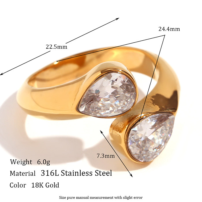 Einfacher, schlichter Stil, klassischer Stil, geometrischer offener Ring mit Edelstahlbeschichtung und Zirkoneinlage, 18 Karat vergoldet