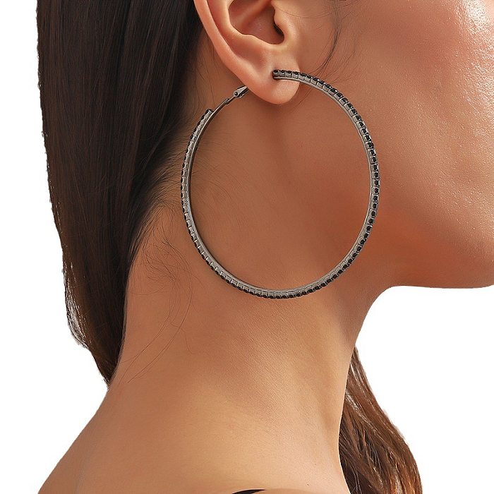 1 paire de boucles d'oreilles créoles en cuivre et strass, Style Simple et exagéré, incrustation de placage circulaire