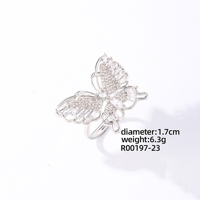 Casual Butterfly Copper Plating Inlay Zircon White Gold Plated Open Rings