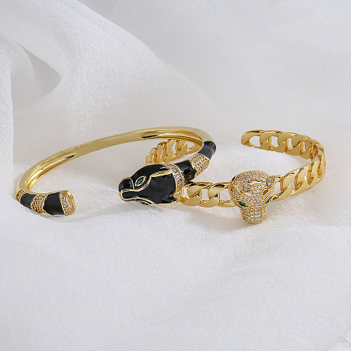 Einfaches offenes Armband aus Kupfer mit 18-Karat-Vergoldung und Zirkon, tropfendes Öl, Leopardenkopf
