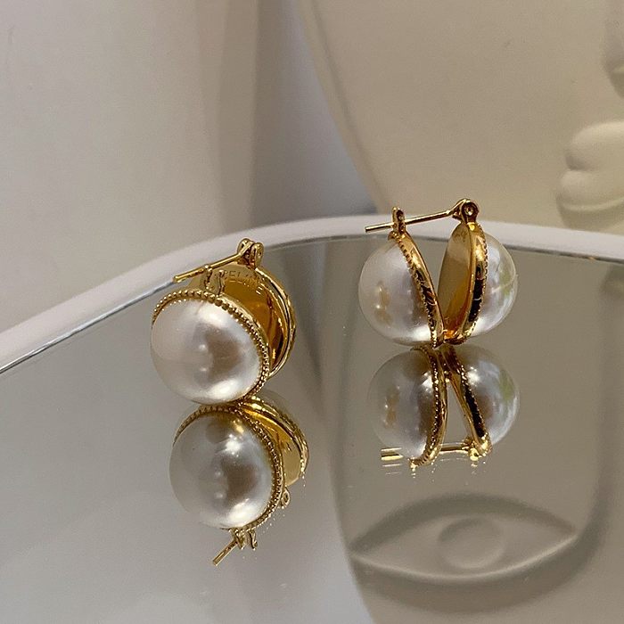 Retro Round Copper Ear Studs Plating Inlay Pearl Copper Earrings