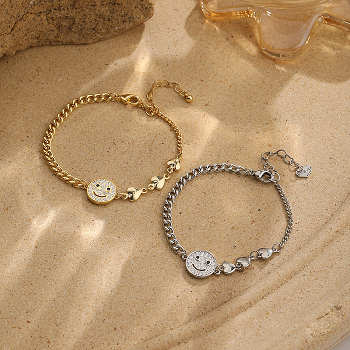 IG Style Classic Style Round Heart Shape Smiley Face Copper Plating Hollow Out Inlay Zircon 18K Gold Plated Silver Plated Bracelets