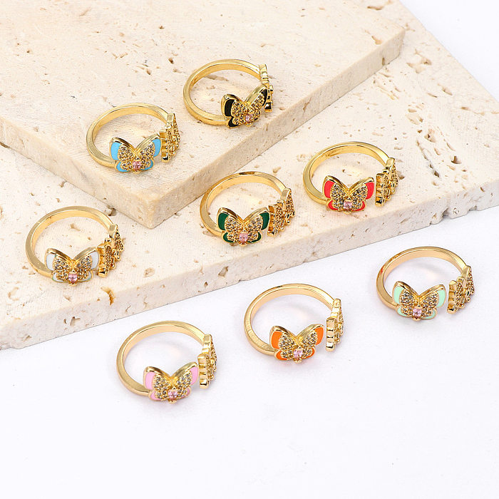 IG Style Commute Butterfly Copper Enamel Plating Inlay Zircon Gold Plated Open Rings