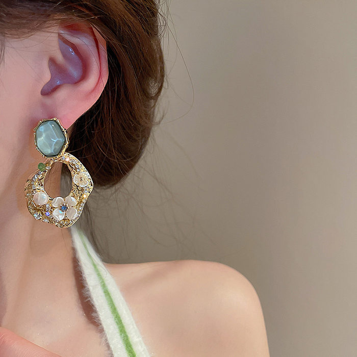 1 par moda flor cobre incrustação pedras preciosas artificiais pérolas artificiais brincos de orelha