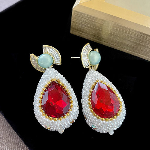 1 Pair IG Style Shiny Water Droplets Inlay Copper Artificial Pearls Zircon Drop Earrings
