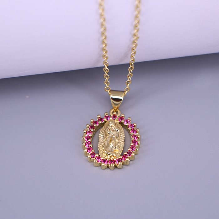 Creative Accessories Hollow Inlaid Rhinestone Virgin Mary Oval Pendant Necklace