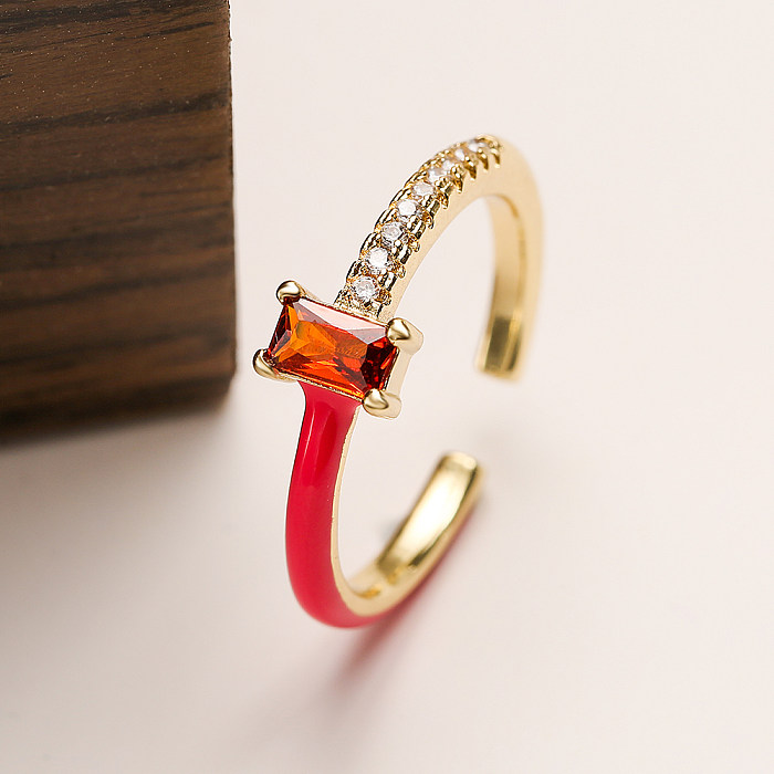 Simple Style Rectangle Copper Inlay Zircon 18K Gold Plated Open Ring