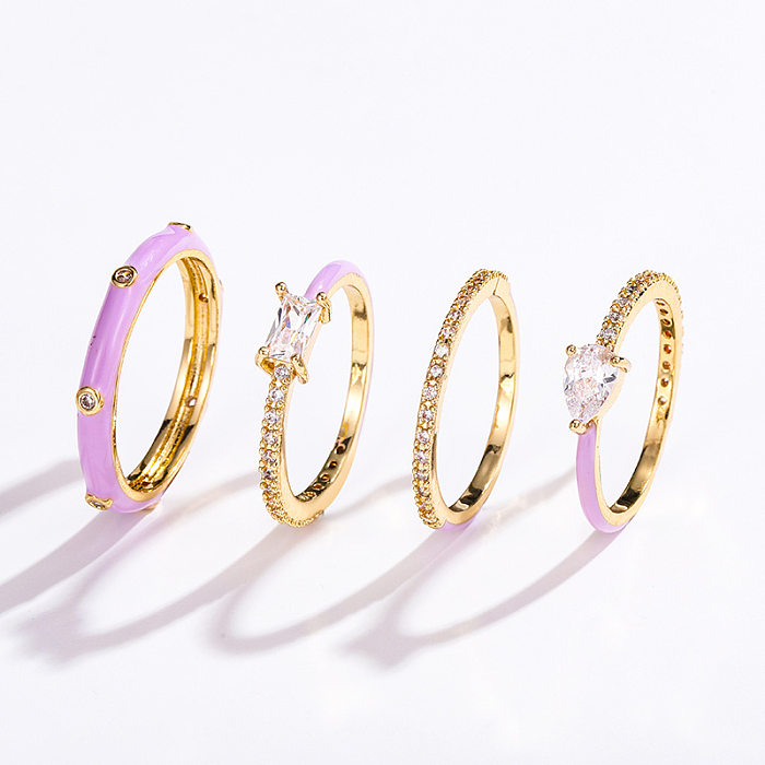 Anillos de cobre geométricos de estilo simple, anillos de cobre con circonita esmaltada, juego de 4 piezas