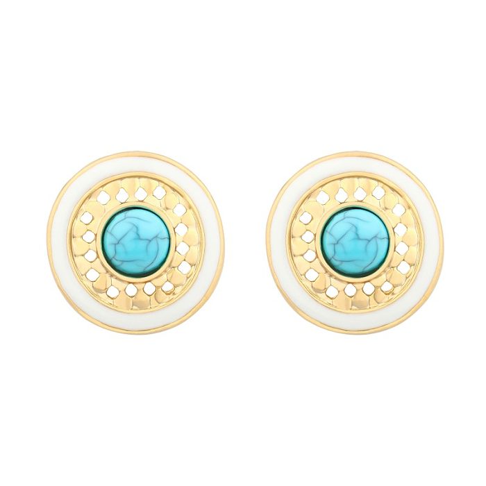 1 Pair Vintage Style Portrait Round Plating Inlay Stainless Steel Copper Turquoise Gold Plated Drop Earrings