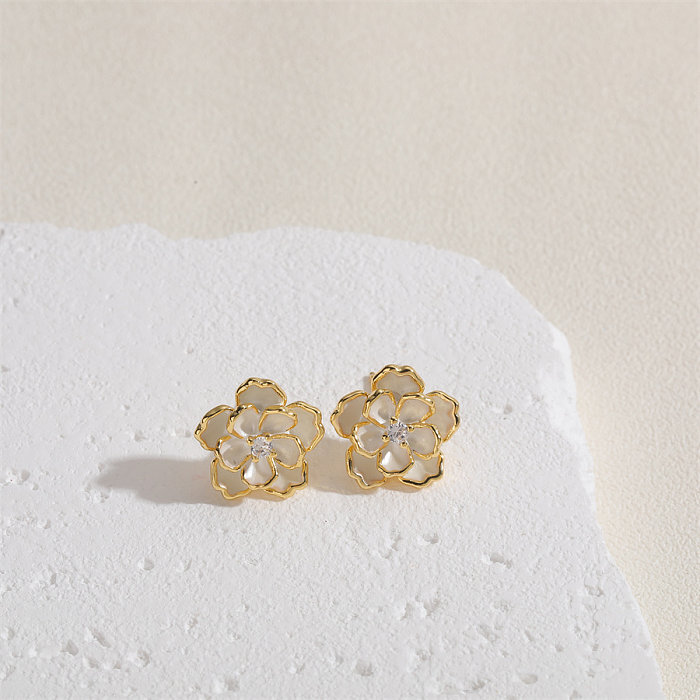1 Pair Sweet Flower Snake Plating Inlay Copper Zircon 14K Gold Plated Ear Studs