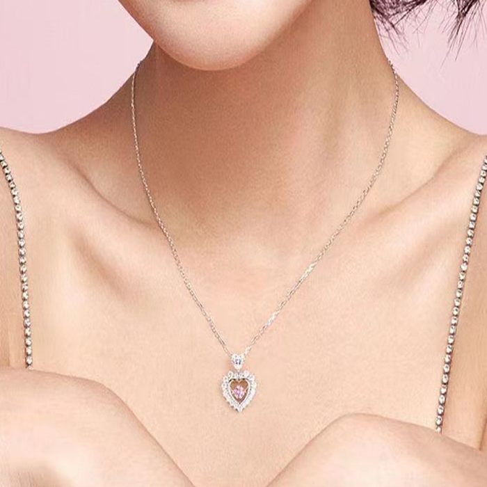 Basic Sweet Heart Shape Copper Plating Inlay Zircon Pendant Necklace