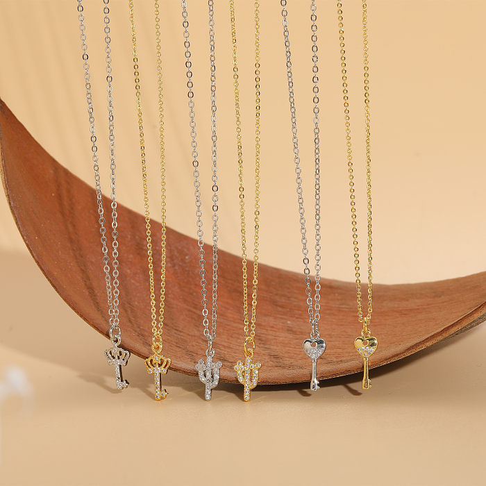 Elegante, luxuriöse Schlüssel-Halskette mit verkupfertem Inlay-Zirkon-Anhänger und 14-Karat-Vergoldung