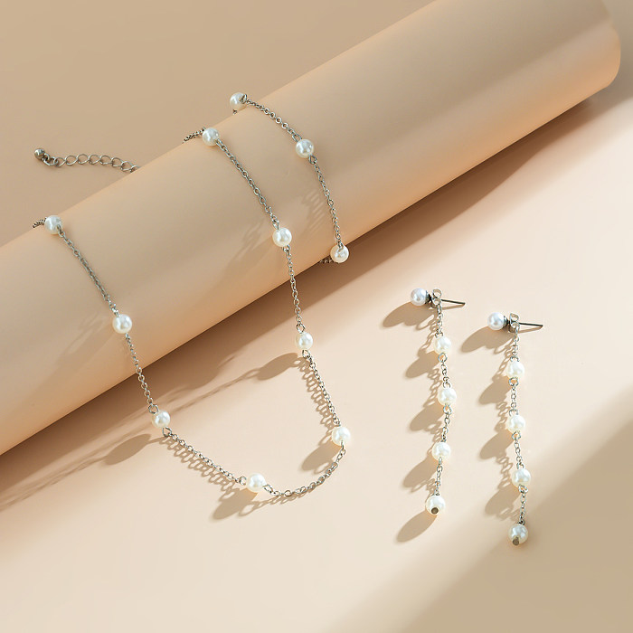 Style Vintage Style français Style Simple rond Imitation perle cuivre Bracelets boucles d'oreilles collier