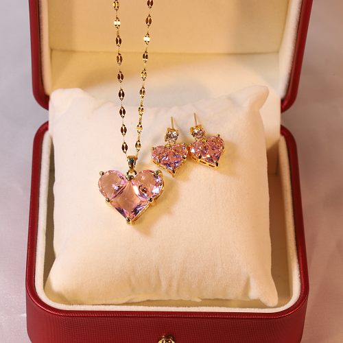 Colar de brincos de zircão dourado incrustado em aço titânio em formato de coração doce