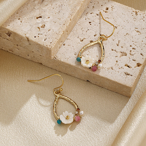 1 Paar IG-Stil, französischer Stil, Wassertropfen, Blumen-Perlenbeschichtung, Kupfer-Zirkon-Ohrringe, 18 Karat vergoldet