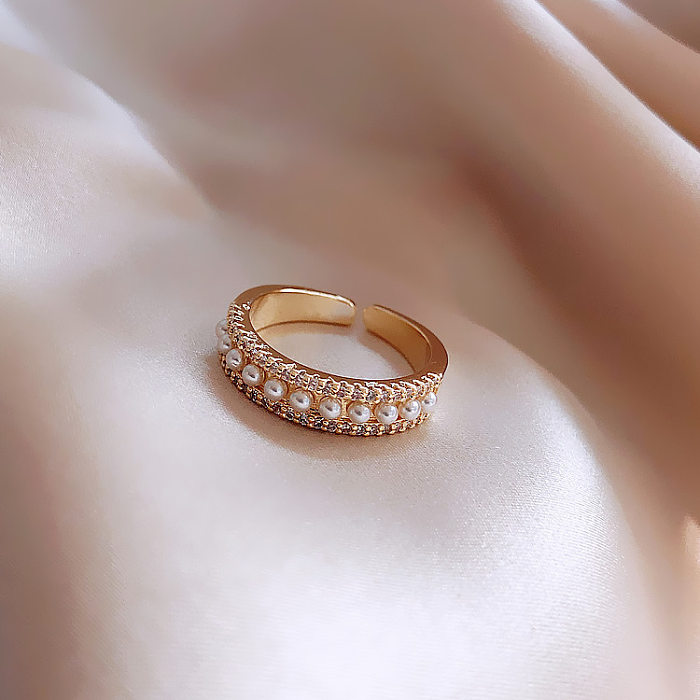 Simple Style Round Copper Plating Inlay Pearl Zircon Open Ring