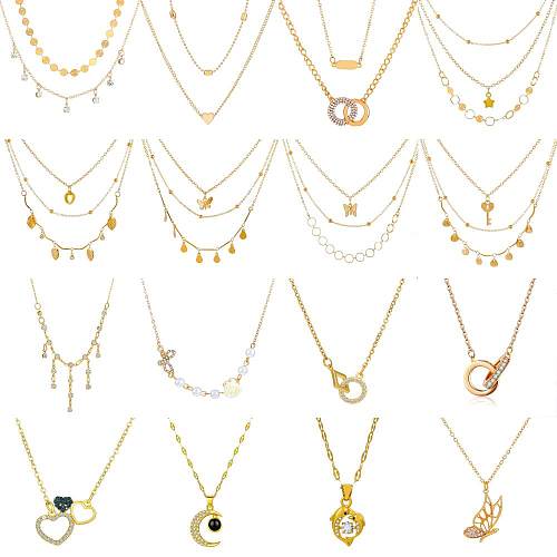 1 Piece Fashion Star Moon Butterfly Copper Plating Artificial Pearls Zircon Layered Necklaces