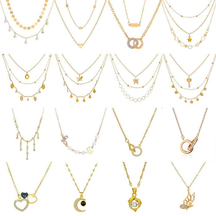 1 Piece Fashion Star Moon Butterfly Copper Plating Artificial Pearls Zircon Layered Necklaces