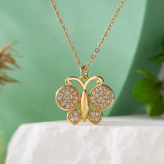 Retro Commute Butterfly Copper Plating Inlay Zircon 18K Gold Plated Pendant Necklace