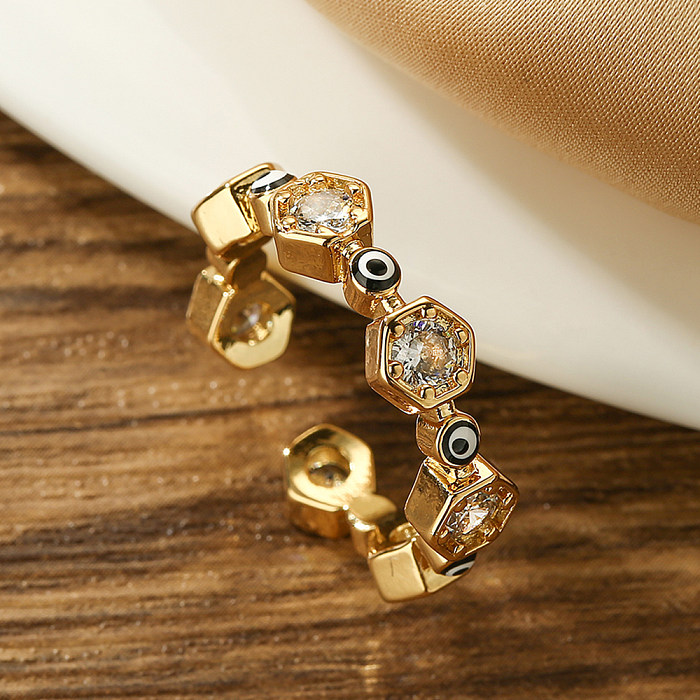 Anillo abierto chapado en oro de 18K con incrustaciones de esmalte de cobre y ojo de diablo hexagonal de viaje de estilo Simple