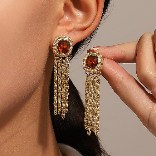 Retro Square Tassel Copper Inlay Artificial Gemstones Drop Earrings 1 Pair
