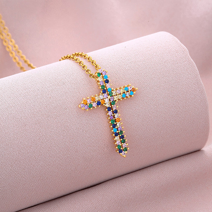 Fashion Cross Stainless Steel Copper Plating Inlay Zircon Pendant Necklace 1 Piece