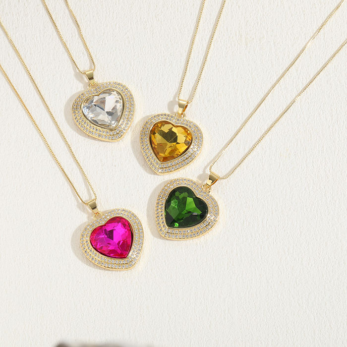 Elegante, luxuriöse, klassische Herzform-Kupfer-Inlay-Zirkon-Anhänger-Halskette mit 14-Karat-Vergoldung