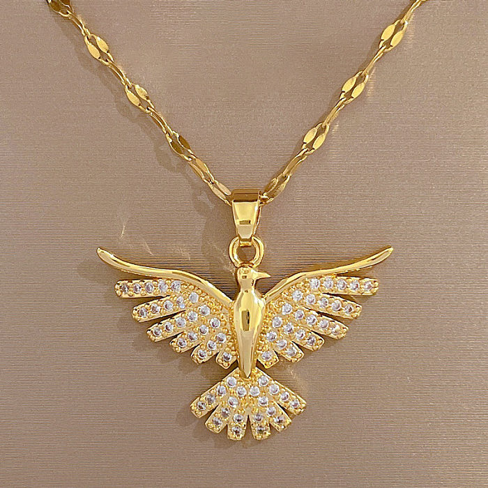 Collier pendentif élégant et luxueux Phoenix en acier inoxydable plaqué cuivre avec incrustation de strass