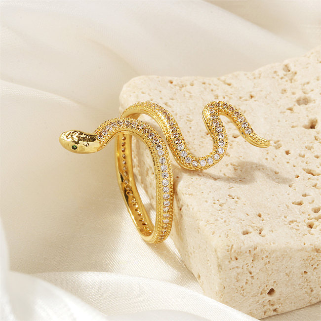 IG Style Exaggerated Snake Copper Plating Inlay Zircon 18K Gold Plated Open Rings