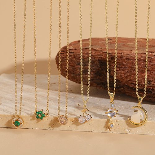 Casual Simple Style Rabbit Moon Flower Copper Plating Inlay Zircon 14K Gold Plated White Gold Plated Pendant Necklace