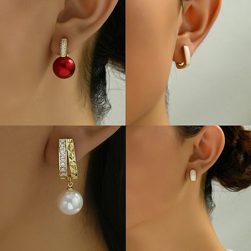 1 paire de boucles d'oreilles rondes et carrées en émail de Style moderne, incrustation de perles artificielles en cuivre et en Zircon