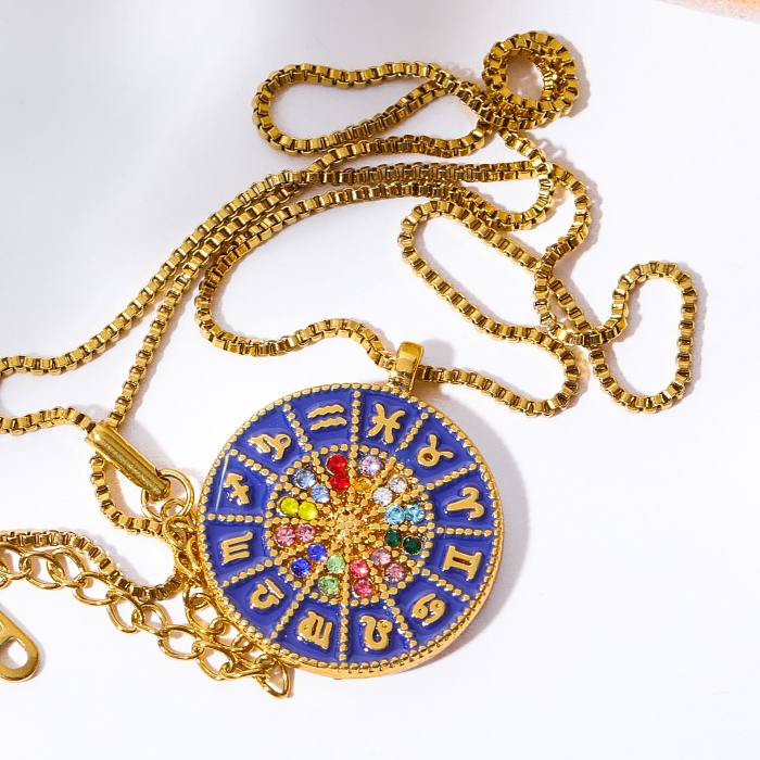 Retro Round Constellation Copper Gold Plated Zircon Pendant Necklace In Bulk