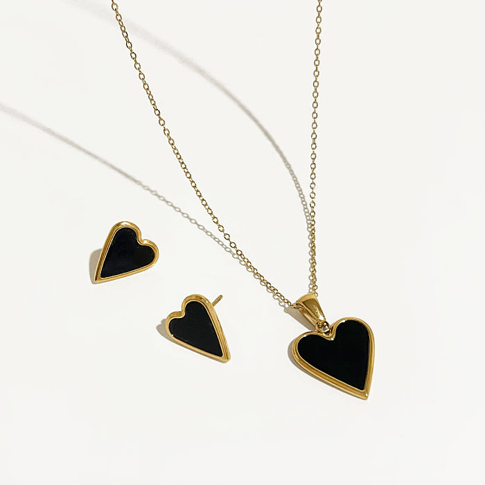 Fashion Heart Shape Stainless Steel Plating Inlay Shell Earrings Necklace